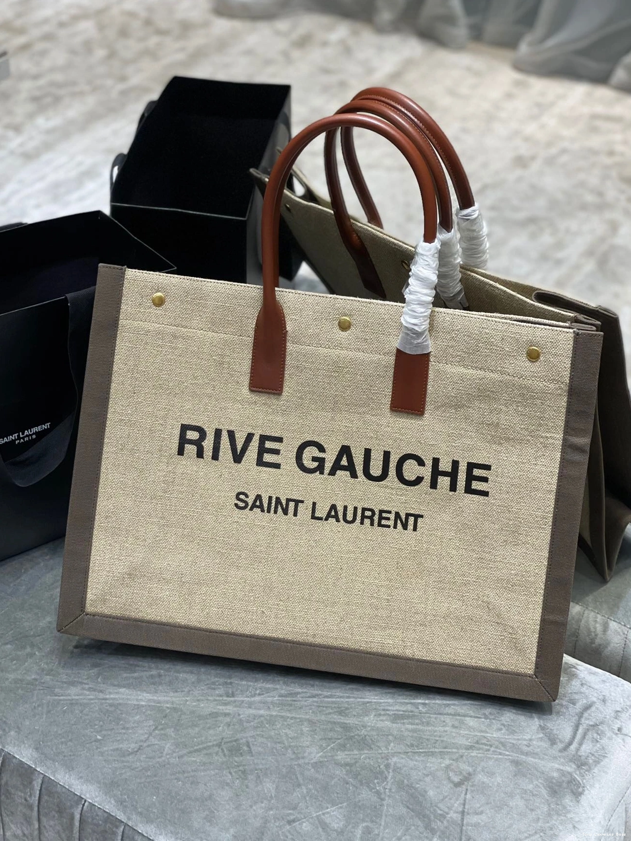 Tony Luxuries AND TOTE YSL RIVE LINEN BAG IN LEATHER GAUCHE 0812